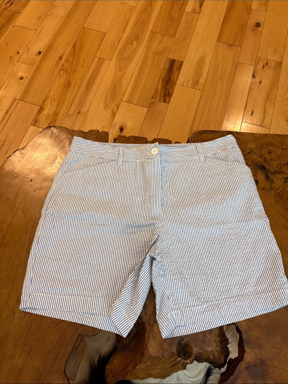 Talbots Blue and White Seersucker Flat-Front Shorts